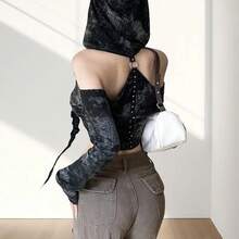 Women's Ripped Hoodie Sweater Vest Hollow Out Hooded Crop Top Knit Pullover Streetwear With Oversleeve - 灰黑色 - 查看 3