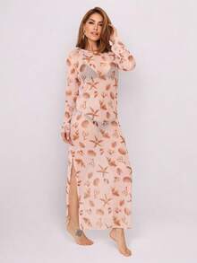 vestido longo tule saida de praia  Estampa total  Padrão Texturizado    Sexy    Casamento - estrela do mar bege - Visão 5