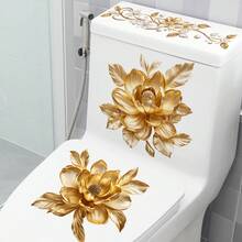 Golden Flower Toilet Stickers, Gold Floral Art Toilet Lid Decals Removable Self-Adhesive Vinyl Peel And Stick Wall Stickers For Bathroom Restroom WC Bathtubs Door Furniture Home Decoration Room Decor Bedroom Decor Kitchen Decor Wall Decor