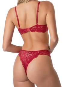 Lace Lingerie Set: Underwired Bra With Lining And Veronica Thong Panties - 紅色 - 查看 4