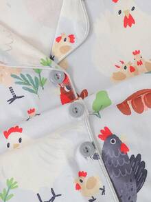 2 件套女孩和青少年休闲卡通小鸡印花翻领长袖开衫和裤子睡衣套装，阻燃，适合所有季节