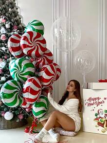 10 pièces Ballons ronds en feuille métallique de 18 pouces, rouge et vert, tourbillonnants. Décoration de fête de Noël et du Nouvel An, ballons en feuille métallique pour la maison et la cuisine
