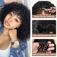 Short Water Wave Bob Wig With Bangs Human Hair Glueless Curly Wigs For Women Natural Black (14 Inch, Put On And Go Style) - Natural Black - 查看 3