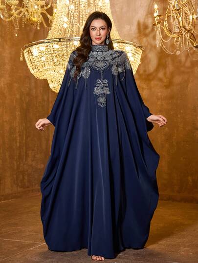  UNITHORSE Women's Stand Collar Long Sleeve Applique Satin Long Temperament Evening Dress