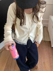 可爱蕾丝边甜美温柔优雅纯色圆领针织开衫 - 米色 - 查看 1