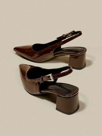 女士咖啡棕色漆皮尖头单带粗跟高跟鞋，优雅尖头正式高跟鞋，时尚露跟高跟鞋