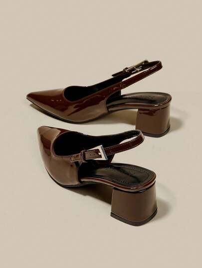 女士咖啡棕色漆皮尖头单带粗跟高跟鞋，优雅尖头正式高跟鞋，时尚露跟高跟鞋