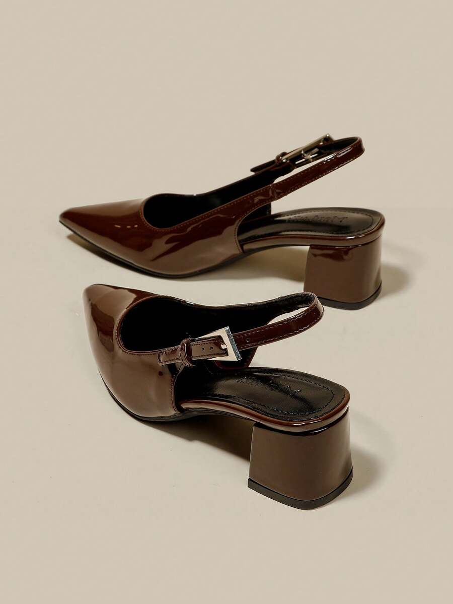 女士咖啡棕色漆皮尖头单带粗跟高跟鞋，优雅尖头正式高跟鞋，时尚露跟高跟鞋 - 咖啡棕 - 查看 1