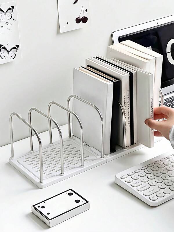 1pc Metal + PP Material Desktop Bookshelf | Non-Slip Base + Adjustable Dividers Vertical Separation Small Book Stand | Modern Minimalist Office Desk Storage Rack | Mail File Organizer | Student Dorm Desk Storage Shelf | Home Stationery/Cosmetics/Book Organizer