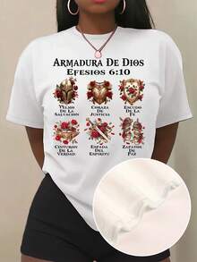 Women's Casual Short Sleeve T-Shirt - White Religious Spanish Scripture & Armor Motif Print, Stretchy Round Neck Spring Summer Top, Machine Washable Faith-Inspired Design, Spring Summer Apparel, Faithbased Clothing, Comfortable Fit Shirt, Medium Elasticity Fabric