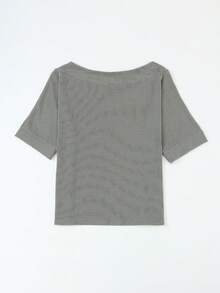 Acelitt 纯色针织罗纹条纹纹理休闲宽松领单肩七分袖上衣，秋冬款 - 灰色 - 查看 5