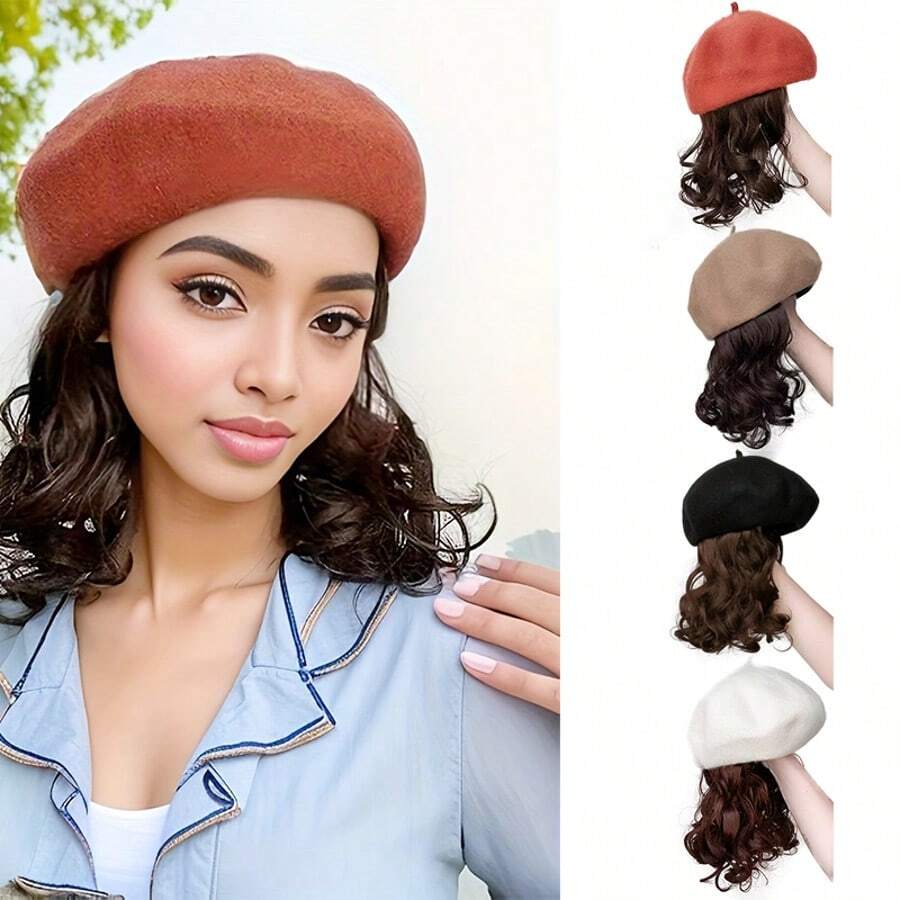 Ladies' Simple And Versatile Beret With Slouchy Short Curly Hair, Heat-Resistant Synthetic Hair, Breathable And Comfortable Outdoor Casual Hat, Suitable For Daily Wear - Multicolor - View 1
