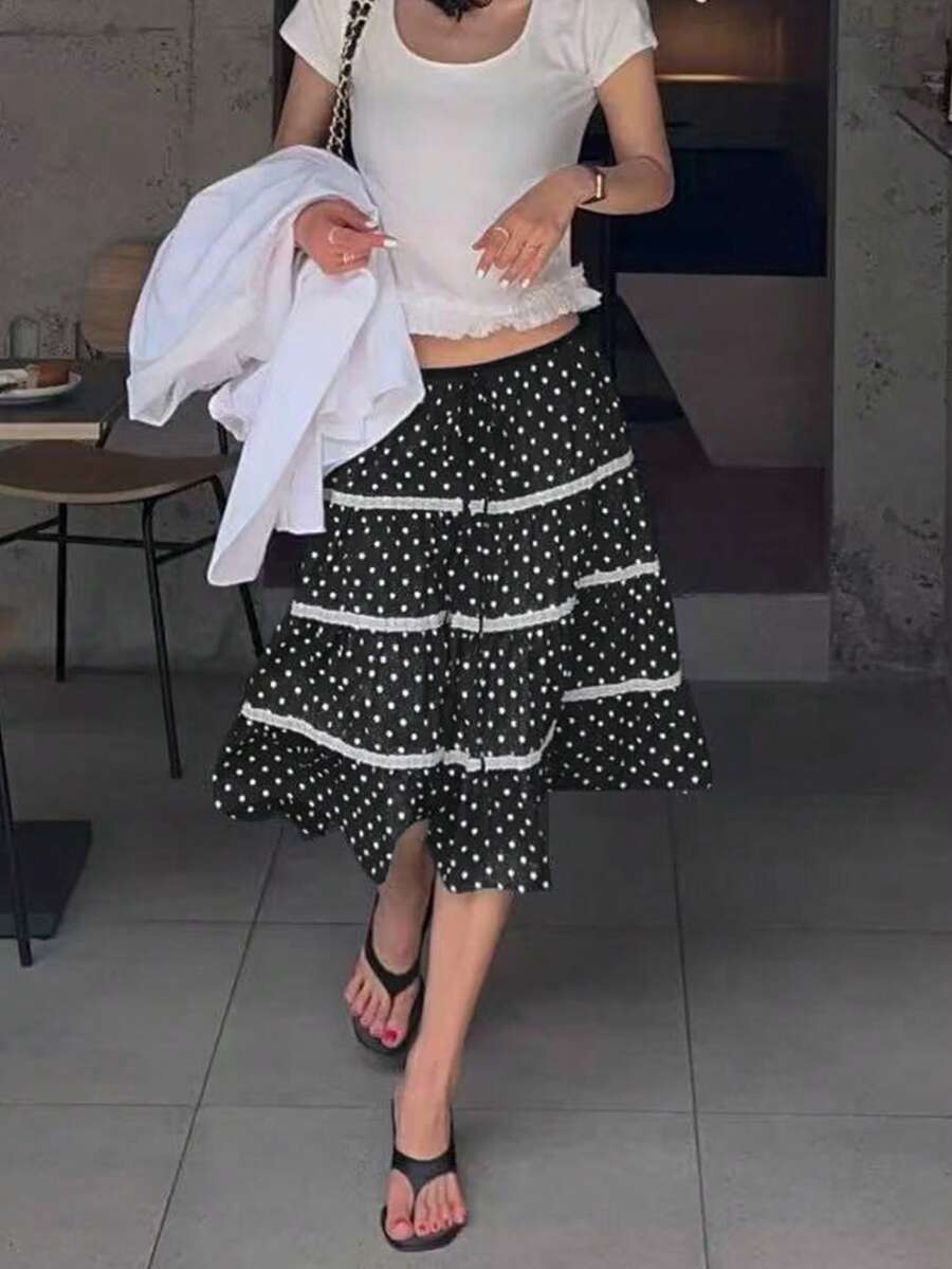 Women's New Polka Dot Drawstring Layered Ruffle Hem Versatile Skirt - Black - View 1