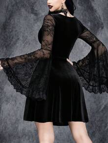 Ladies' Gothic Sexy And Elegant Halloween Ghost Bride Party Role Play Witch Costume, Lace Trim Velvet Dress - Black - View 2