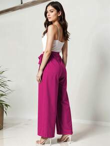 Pantalón Cintura Alta con Lazo Decorativo Estilo Fluido Corte Amplio Pierna Ancha Diseño Cruzado Femenino Casual y Elegante Moda Mujer - Rosa Fucsia - Ver 3