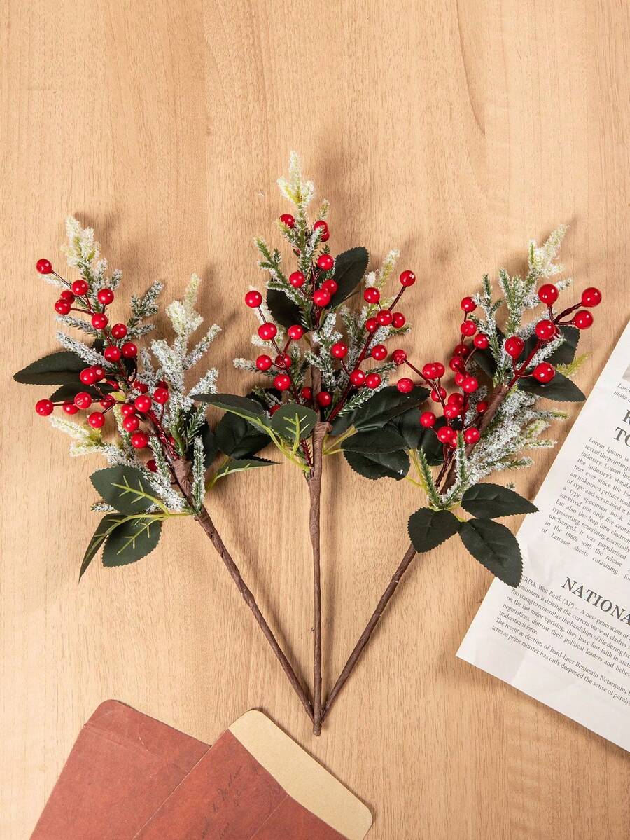 1/3pcs Artificial Christmas Decorative Picks - Assorted Red Berry Picks, Faux Pine Picks With Sprayed Pinecones And Holly Leaves, Create Stunning Floral Arrangements And Wreaths, Suitable For Winter Holiday Decor, Balcony Decor, Porch Decor, Fall Florals, Autumn Room Decor, Christmas Decor, Outdoor Decor, Kitchen, Back To School, Bathroom, College Essentials, Christmas Gifts, Garden Furniture, Bridesmaid Gifts, Home Decor, Christmas Decoration - Green 2 - View 1