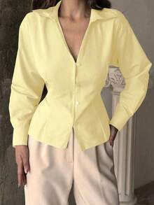 JZXFS Fall Women Clothes Casual Office Simple Solid Color Tight Long Sleeve Shirt Spring - Light Yellow - View 3