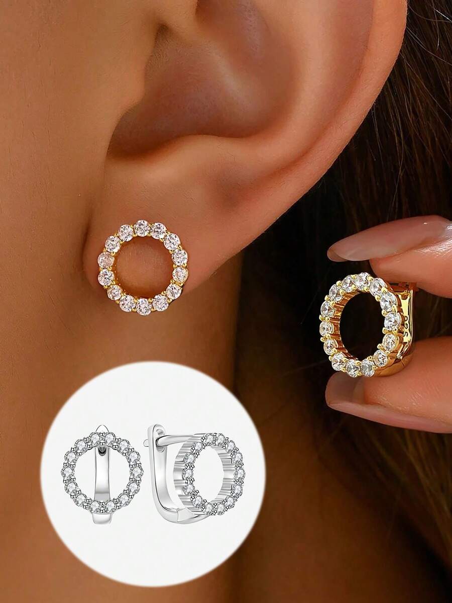 1pair Sterling Silver 925 Rhinestone Circle Stud Earrings With Jewelry For Women Valentine's Day Casual Fine Ladies Jewelry Gift Valentines - Style 5 - View 1