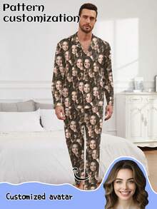 Customized Photo Men's Personalized Face Print Pajama Set, Unique Family Sleepwear, Customized Pet Face Pajamas, Mixed Face Pattern Loungewear, Holiday Pajamas, Pajama Pants, Couples Pajamas, Customized Fitted Pants, Loungewear, Valentine's Day, Anniversary Gift, Customized Family Gift, Winter - Multicolor - View 2