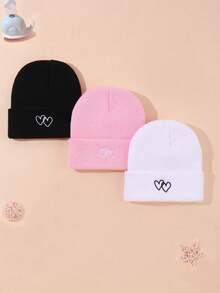 3 Piecesfashionable Combination Of Children's Solid-Color Autumn And Winter Warm Knitted Caps Features A Heart-Shaped Embroidery Design That Can Be Hand-Washed And Worn In Daily Life. It Is Suitable For Children To Keep Warm And Play Outdoors
