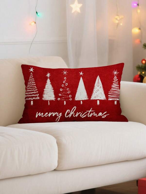 1 pieza Funda de almohada lumbar decorativa navideña (sin incluir el relleno), con elementos de árbol de Navidad, letras y "Feliz Navidad", impresión digital en tela de terciopelo melocotón, adecuada para sofá, sala de estar, dormitorio, coche, oficina, hotel, llena de ambiente navideño