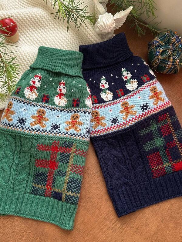 Christmas Snowman & Gingerbread Man Pattern Pet Sweater, Warm Knitwear For Small Dogs & Cats, Autumn/Winter