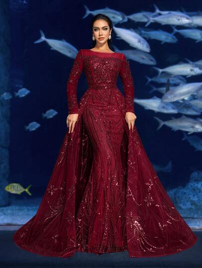 Faeriesty Vestido de noche elegante de manga larga con lentejuelas estilo sirena para mujeres - Bordado de cristales intrincado, silueta ajustada de trompeta, cobertura completa para bodas formales, galas de alfombra roja, fiestas de noche y celebraciones de Año Nuevo