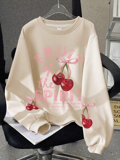 女孩三件可爱樱桃和蝴蝶结小猫印花圆领套头衫，长袖趣味印花运动衫，时尚秋季运动衫