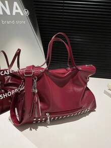 Fashionable New Women's Large Capacity Tote Bag, Minimalist Streetwear Style With Rivet Decor, Multiple Pockets, Zipper Closure, Tassel Pendant, Metal Zipper, Versatile For Travel, Shopping, Commuting