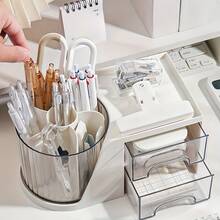 1pc Pen Storage Box, 360 Rotating Desktop Pen Container, Multifunctional Desktop Organizer, Bathroom Rack, Transparent Drawer Student Pen Rack Storage Box, Desktop Display Box, Dormitory Storage, Stationery Storage, Back-To-School Supplies. - White - View 9