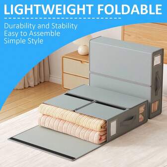 可折叠床上用品收纳盒、带窗口和标签的亚麻收纳箱、用于床单、羽绒被套和枕套的织物收纳箱、衣柜收纳盒、用于毛毯和衣服的收纳盒