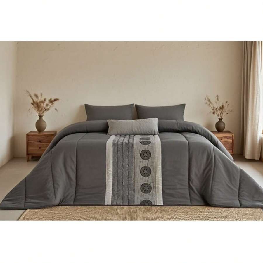 Edredón nórdico con funda de almohada de plumón de microfibra. Edredón estampado para todo el año. Reversible. Disponible en varios colores. Edredón nórdico con relleno. Disponible en varios tamaños. - Gris oscuro - Ver 1