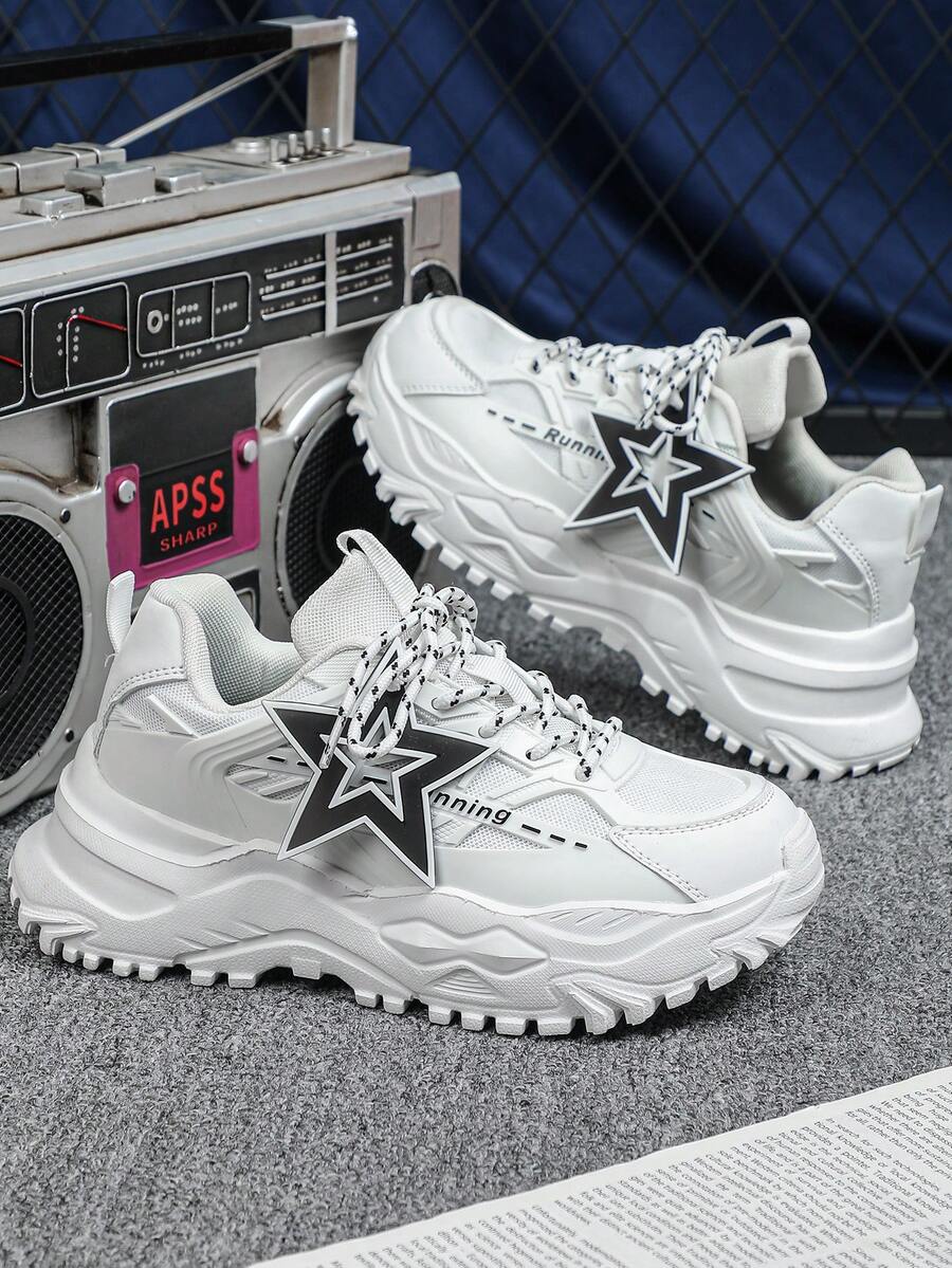 4-Season Men's White Fashionable Thick-Sole Sneakers, Removable Star Pendant, Comfortable Chunky Casual High Street Retro Athflow Style Shoes Suitable For Christmas Gift, Commuting And Streetwear - White Star Black and White - View 1