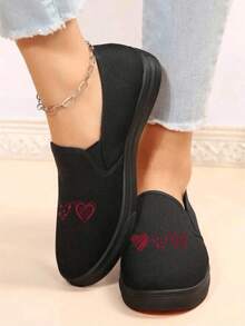 Tenis femeninos con corazones, punta redonda, estilo cute para uso diario - Mules cómodos - Negro - Ver 3