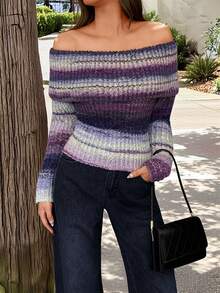 Damski sweter w nowym stylu z klapami, długimi rękawami, jednym ramieniem, gradientowy, z przędzy do malowania olejem, kontrastowy kolor, smukły, pusty, Y2K, modny, retro, romantyczny, artystyczny, rekreacyjny, elegancki, wyjściowy, uliczny, na jesień i zimę - Wielokolorowe - Zobacz 1