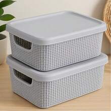 Kit Of 2 Organizer Boxes With Lid 1.8 Liters  Utilities Durable Plastic Stackable Exclusive Texture Multipurpose - Grey - View 1