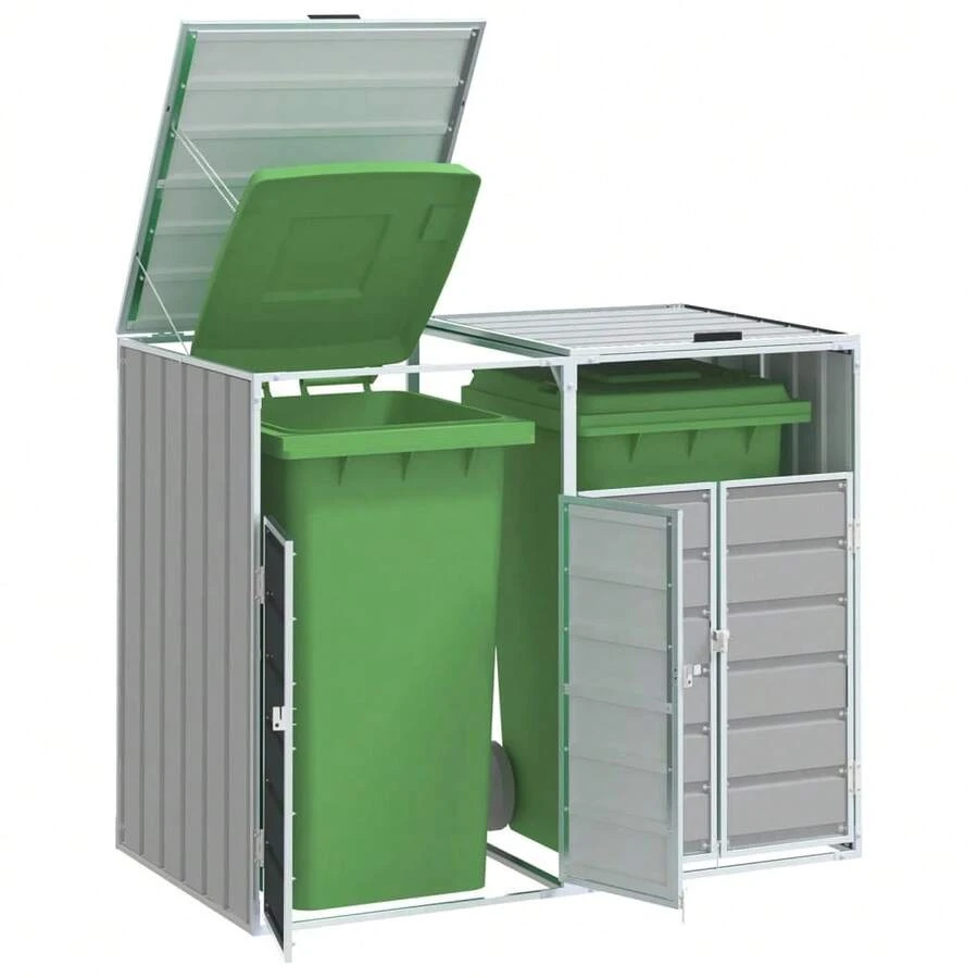 vidaXL Wheelie Bin Storage For Double Bins  56.7"X31.9"X44.5" Steel - Grey - View 1