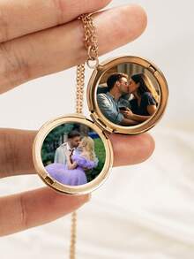 Personalized Round Gold Photo Locket Necklace, Photo Necklace, Photo Locket, Memorial Frame Pendant, Best Gift, Black, Silver, Gold, Fashion, Colorful, Retro, Simple, Unisex, Casual, Cute, Customized, Personalized, Unique, Ideal Gift For Him, Ideal Gift For Her - Multicolor - View 7