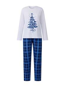 Family Matching Christmas Pajamas Set Letter Tree Print Holiday Pajamas Plaid Sleepwear Soft Loungewear