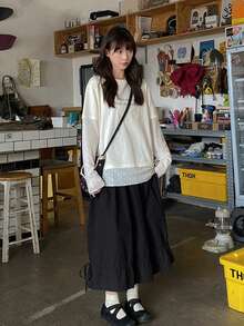 女式A字抽绳腰裙，休闲百搭，秋冬 - 黑色 - 查看 6