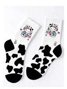 1/5/10 Pairs  Cow Print Women's Cute Cartoon Crew Socks, Black White Kawaii Anime Pattern Mid-Calf Socks, Soft Comfortable Breathable Versatile Casual Printed Stockings, Ideal For Autumn Winter Daily Commuting, Sports Fitness Running Cycling Travel Vacation Shopping Camping Parties Family Gatherings Back To School, Halloween Christmas Home Warmth, Perfect Gifts For Girls Couples