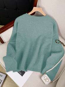 Vivid Style 女士卷边下摆圆领贝壳扭结纽扣长袖针织开衫，短款宽松舒适纯色毛衣，复古风格，适合圣诞节、新年等场合穿着。 - 薄荷藍 - 查看 6