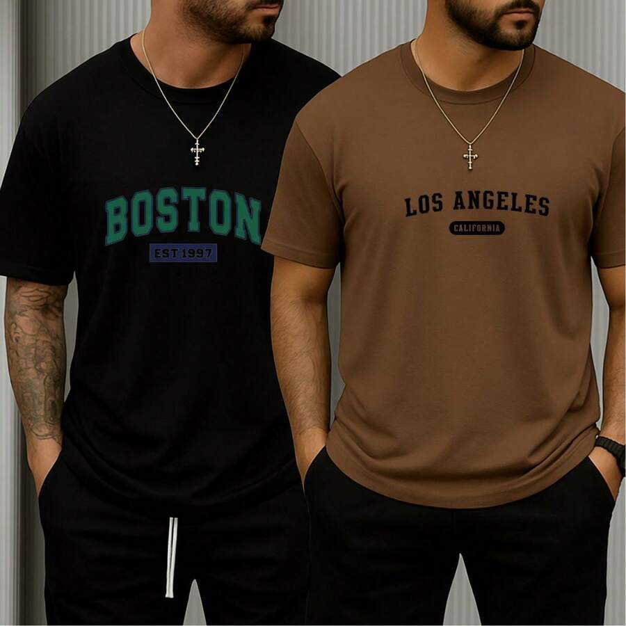 Kit Of 2 Men's 100% Cotton Printed Summer Comfort T-Shirts - 黑色和棕色 - 查看 1