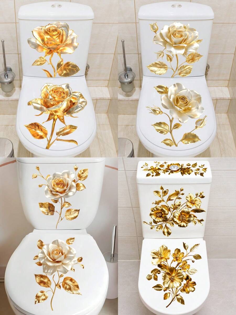 Golden Flower Toilet Stickers, Gold Floral Art Toilet Lid Decals Removable Self-Adhesive Vinyl Peel And Stick Wall Stickers For Bathroom Restroom WC Bathtubs Door Furniture Home Decoration Room Decor Bedroom Decor Kitchen Decor Wall Decor