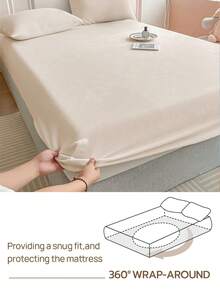 1pc Beige Solid Flannel Fitted Sheet, Machine Washable, Comfortable, Soft, Warm - Beige - View 6
