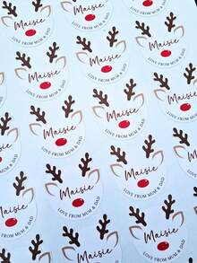 Personalisierte Weihnachts-Aufkleber-Geschenkanhänger - Größen: 40x40/50x50/70x70mm - mit Motiven von Weihnachtsmann, Rentier, Weihnachtsbaum - runde Namens-Geschenkanhänger - festliche Weihnachts-Tags