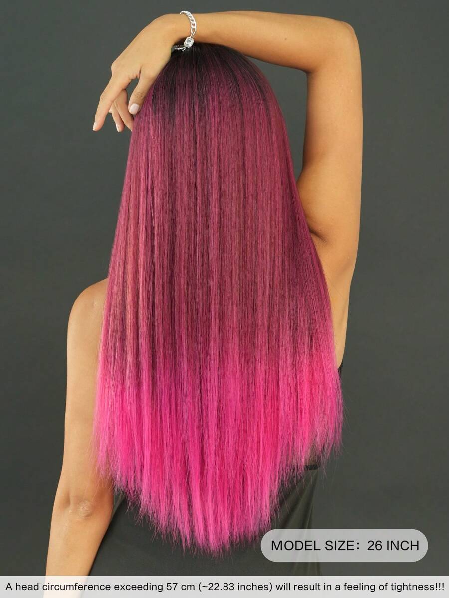 7JHH WIGS 26 Inch Long Straight Ombre Rose Red Wig, Women's Fluffy Soft Synthetic Wig With Bangs, Natural Looking, Made Of Heat-Resistant Synthetic Fiber, Suitable For Daily Wear, Anime/Cosplay, Music Festivals, Parties, Street Fashion, And An Ideal Mother's Day Gift - Hot Pink - View 1