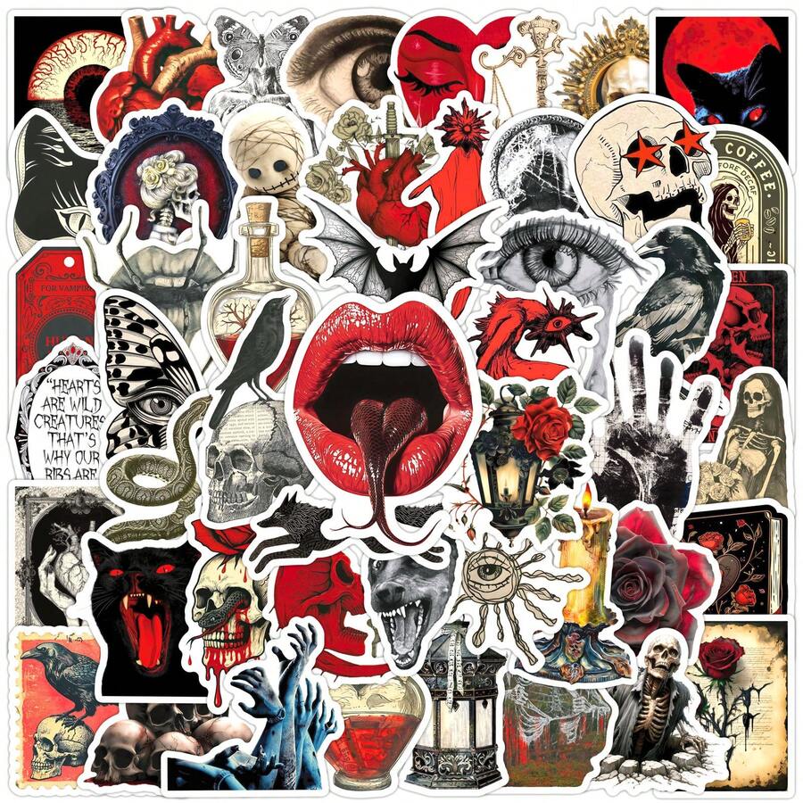50张复古红黑哥特系列涂鸦贴纸，适用于行李箱、手机壳、笔记本电脑、头盔、滑板，防水装饰DIY贴纸 - 彩色 - 查看 1