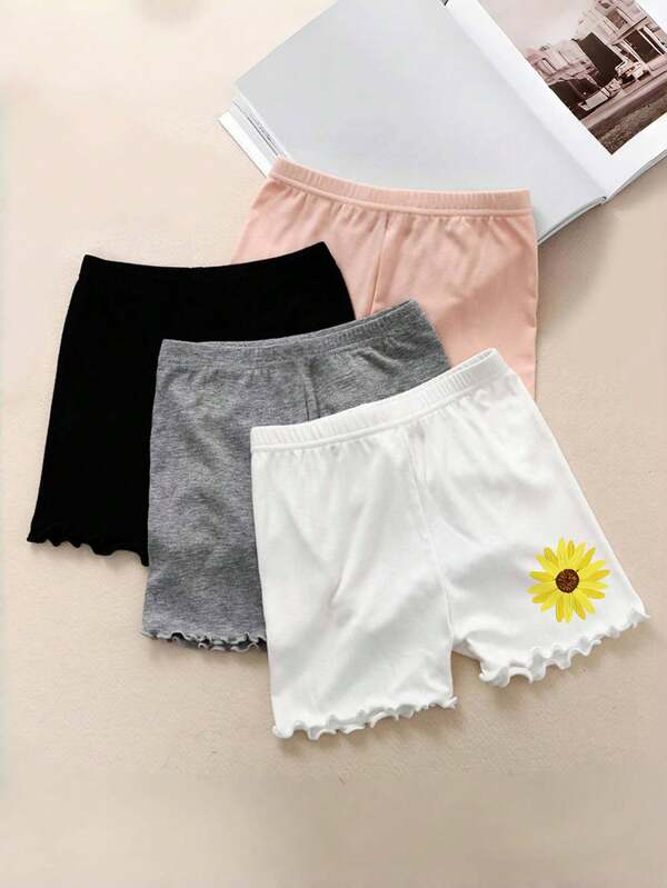 4pcs Girls Floral Print Solid Color Casual Shorts, Mother's Day Gift, Graduation Gift, Summer Wear
