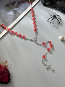1pc Gothic Style Personalized Cross Beaded Necklace, Suitable For Women's Daily Or Party Wear, Halloween Accessory